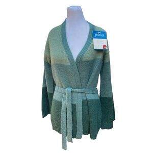 Vintage deadstock Jantzen Mohair Wool Belted Cardigan Green Ombre Stripe Knit L